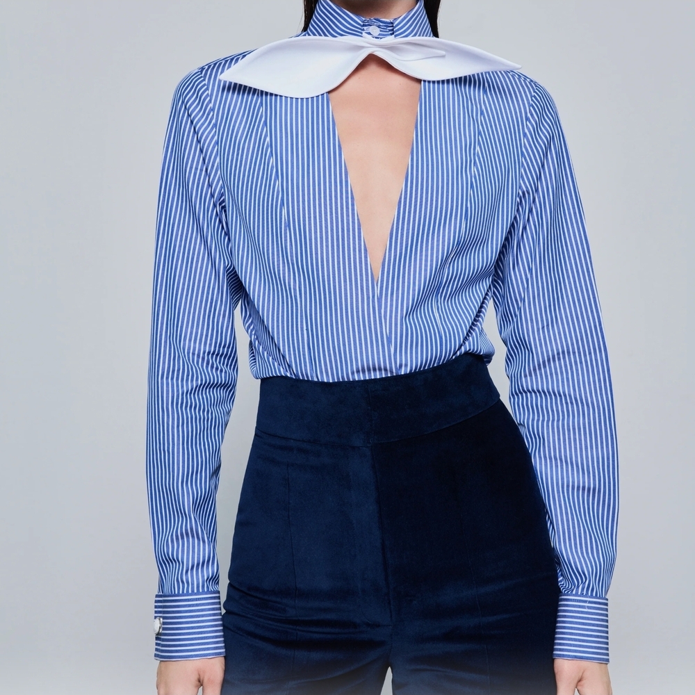 High-end Korean Chic Blue Striped Blouse with White Moustache Neck Tie